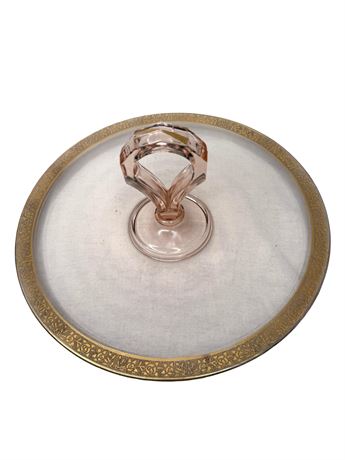 Pink Depression Glass Platter with Handle Gold Border