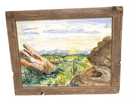 Ann Scott Original Landscape Painting on Board w/ Rustic Wood Frame