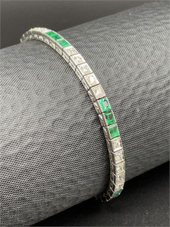 1920s Platinum, Diamond, Emerald Bracelet