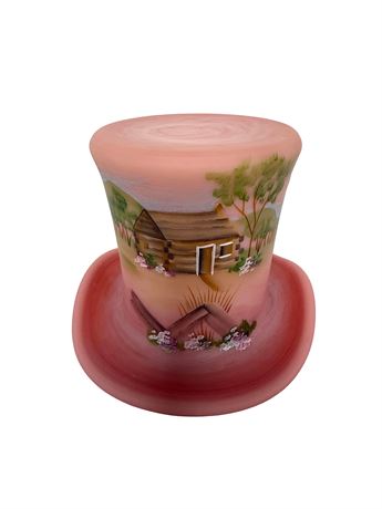 Fenton Burmese Signed Hand Painted Lincoln Hat Vase