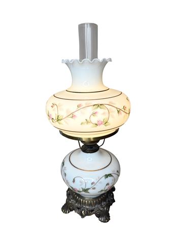 Pink Rose Floral Milk Glass Hurricane Lamp