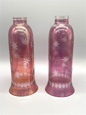 Pair of Etched Cranberry Chimneys