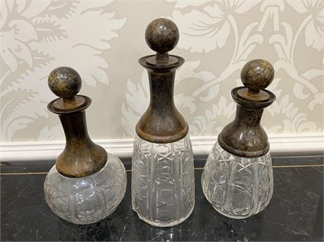 French Modern Patinated Bronze Cut Glass Decanters