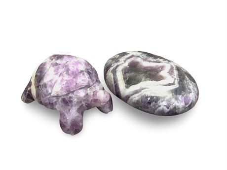 Amethyst Carved Polished Turtle and Palm Stone