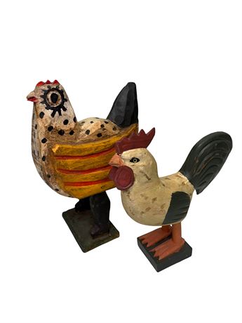Hand Painted Wooden Chicken and Rooster