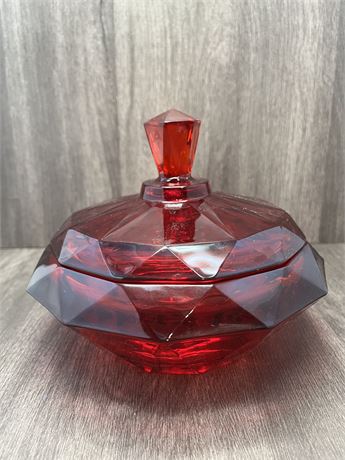 Viking Ruby Red Diamond Point Glass Candy Dish