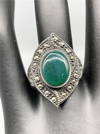 Green Chrysoprase Marcasite Sterling Silver Ring