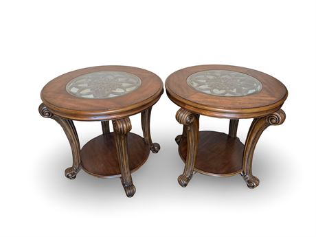 Matching Round Brown Cherry End Tables