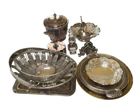 Large Mixed Metal (mostly Silver Plate) Trays and Accessories