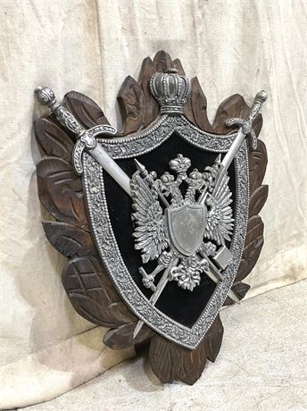 Vintage Metal and Carved Wood Coat of Arms