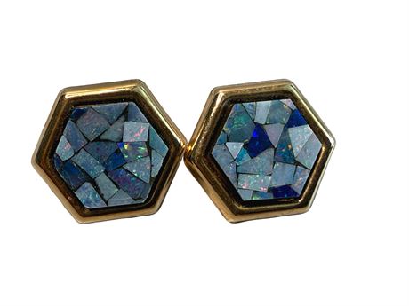 14k Yellow Gold Mosaic Opal Stud Earrings