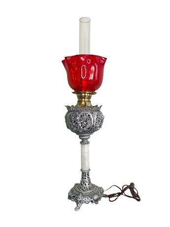 Antique Victoriian Banquet Lamp with Cranberry Glass Shade