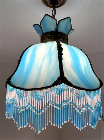 16" Meyda Tiffany Blue Glass Ceiling Shade w/ Glass Bead Fringe